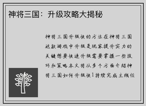 神将三国：升级攻略大揭秘