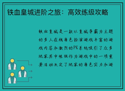 铁血皇城进阶之旅：高效练级攻略